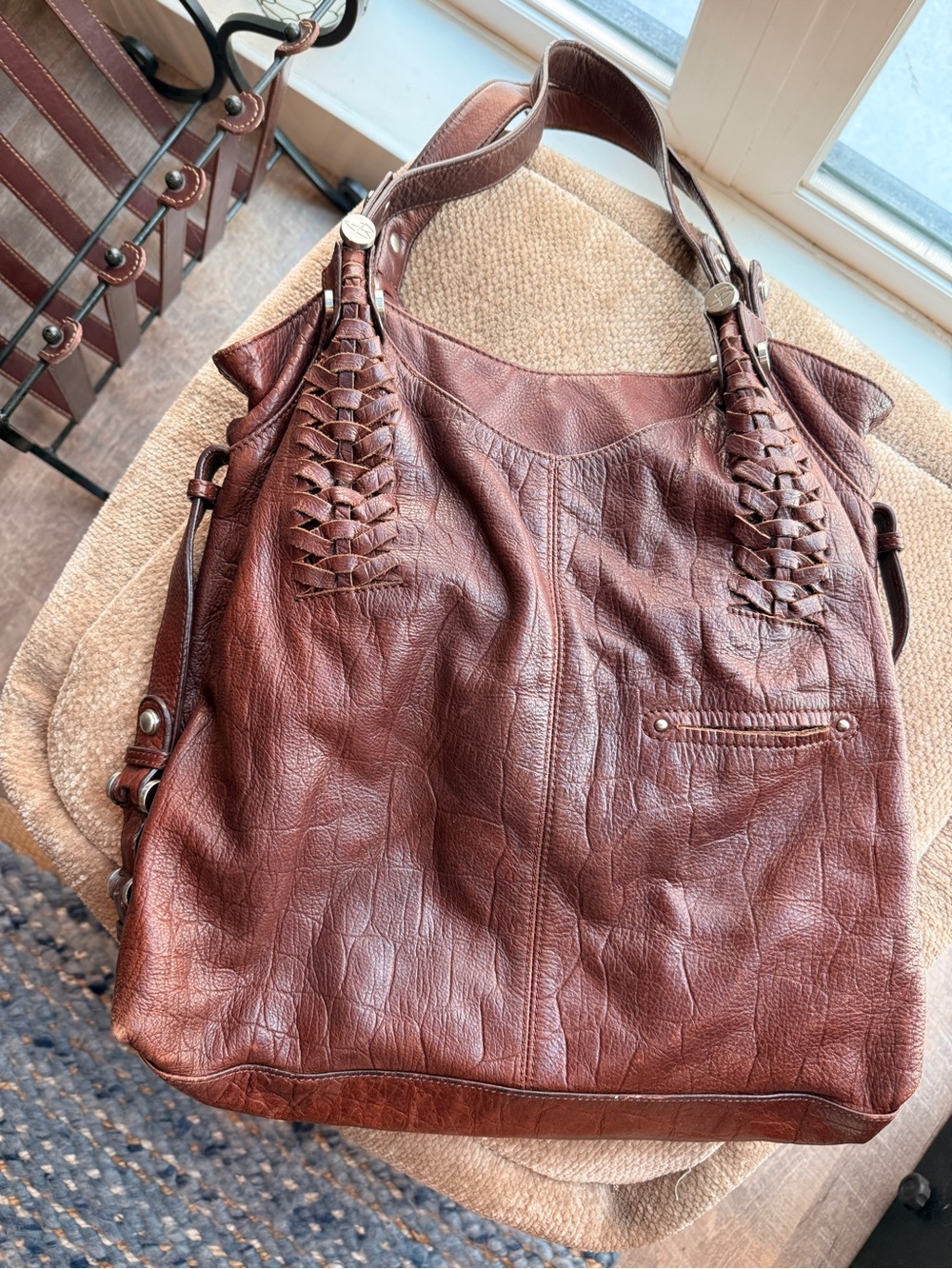 B. Makowsky Brown Leather Hobo Bag – Genuine Vintage Leather, Woven Detail